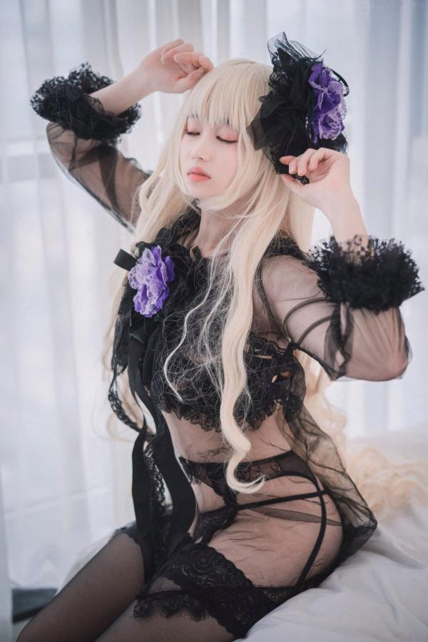    韩国美女Bambi斑比《命运之子》丽塔Cosplay：暗黑哥特风黑丝蕾丝内衣，精致白发造型诱惑写真第25张图片