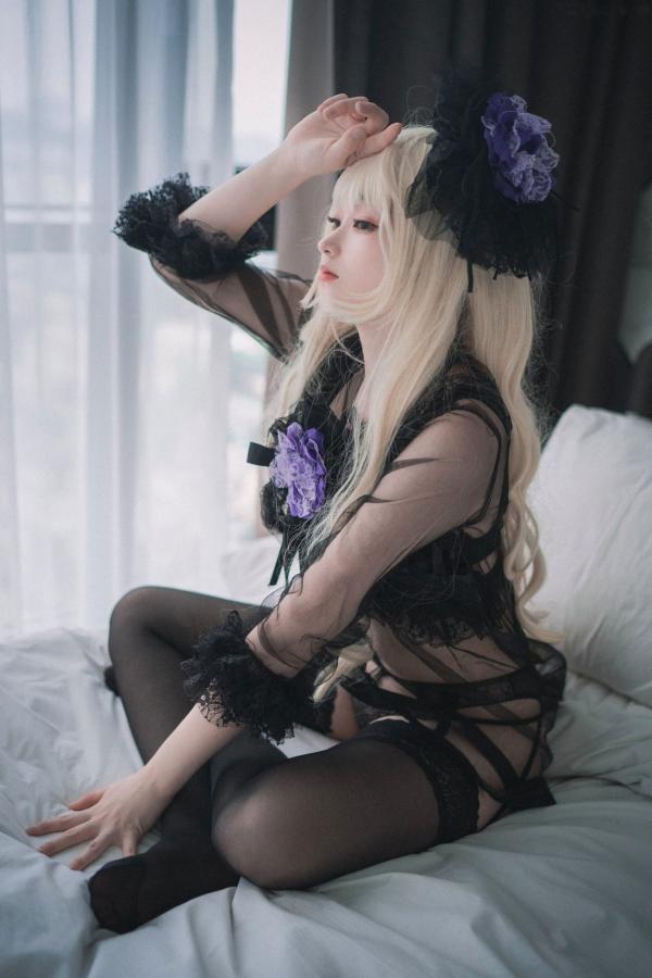    韩国美女Bambi斑比《命运之子》丽塔Cosplay：暗黑哥特风黑丝蕾丝内衣，精致白发造型诱惑写真第40张图片