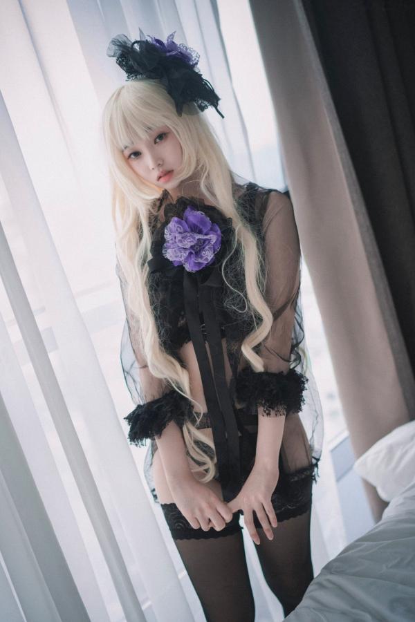    韩国美女Bambi斑比《命运之子》丽塔Cosplay：暗黑哥特风黑丝蕾丝内衣，精致白发造型诱惑写真第45张图片
