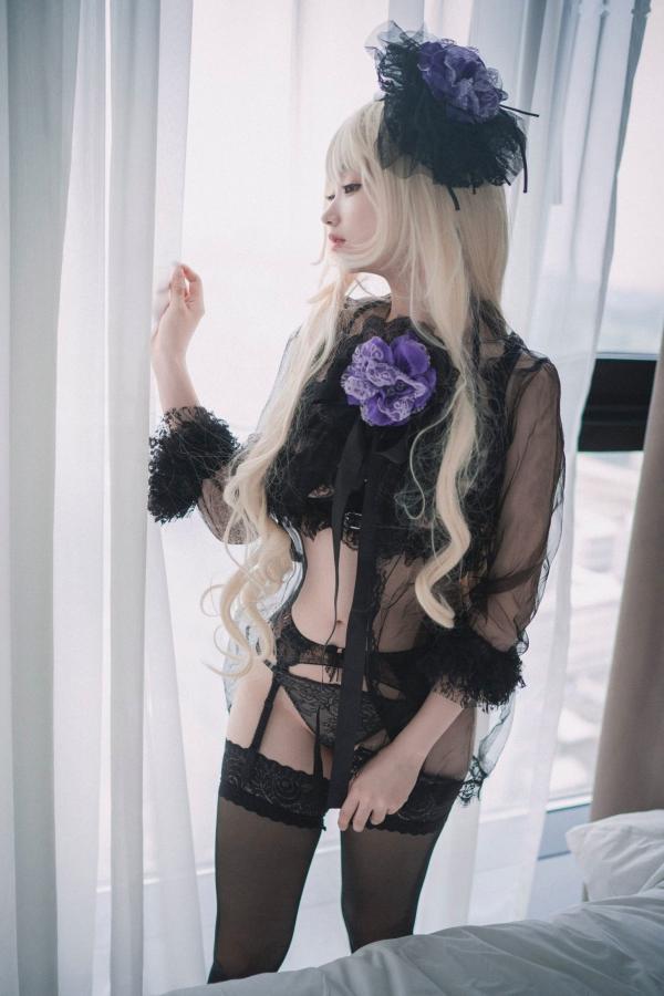    韩国美女Bambi斑比《命运之子》丽塔Cosplay：暗黑哥特风黑丝蕾丝内衣，精致白发造型诱惑写真第46张图片
