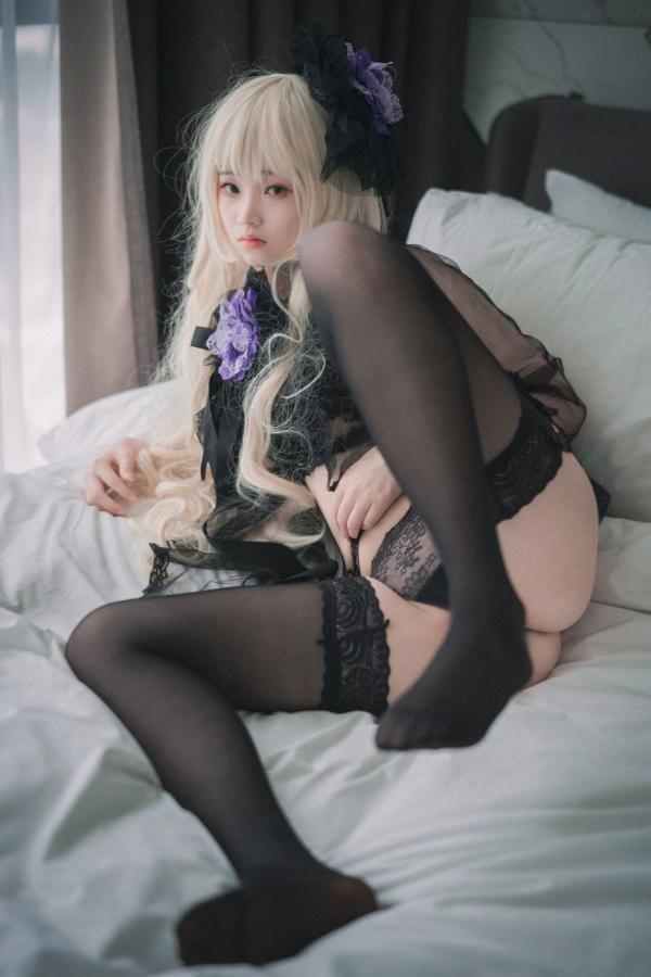    韩国美女Bambi斑比《命运之子》丽塔Cosplay：暗黑哥特风黑丝蕾丝内衣，精致白发造型诱惑写真第69张图片