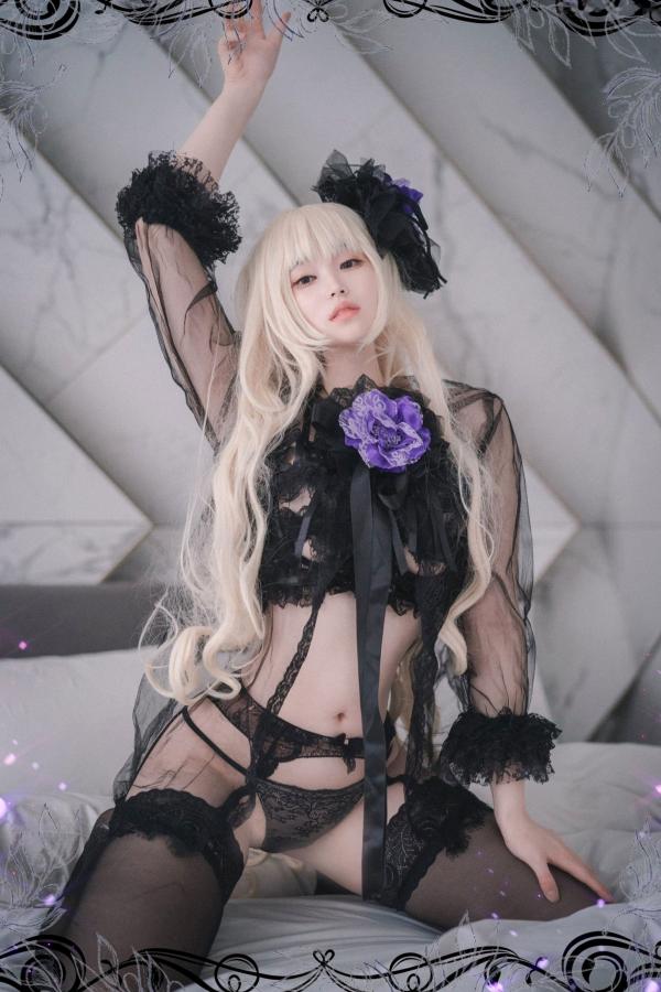    韩国美女Bambi斑比《命运之子》丽塔Cosplay：暗黑哥特风黑丝蕾丝内衣，精致白发造型诱惑写真第74张图片
