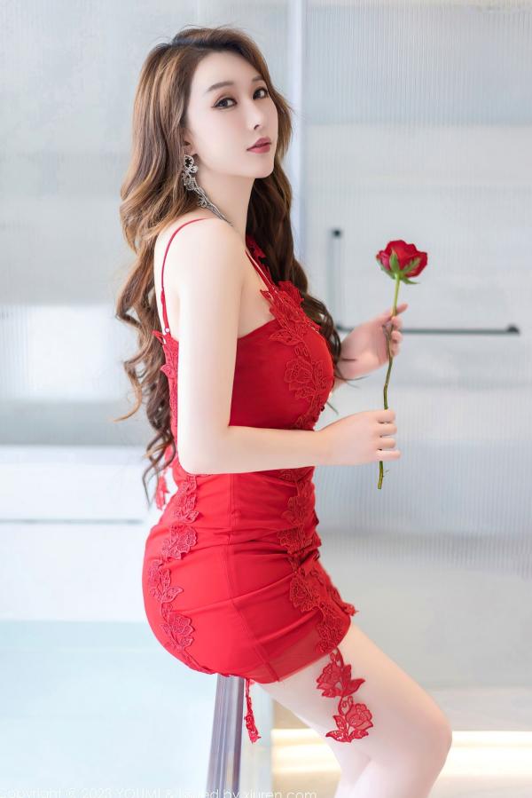    YouMi尤蜜荟-908-尤妮丝Egg-红色蕾丝镂空情趣睡裙-卧室玫瑰浪漫私房写真-无圣光大尺度第4张图片