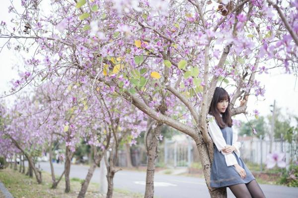    台湾正妹彭丽嘉(Lady憶憶)校园优雅穿搭，花树下清纯气质黑丝美腿写真集第4张图片