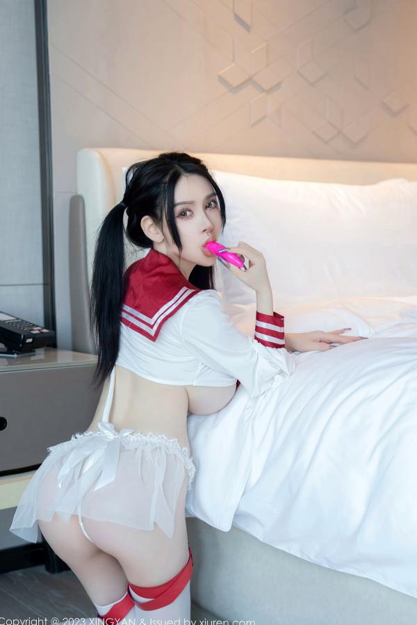 潘娇娇 潘娇娇  XingYan星颜社：潘娇娇演绎双马尾白色红带学生装私房诱惑，无圣光大尺度清纯与火辣并存第25张图片