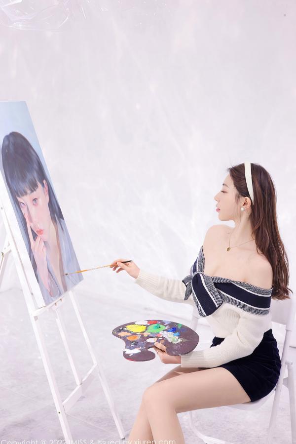 劉奕寧 刘奕宁  IMiss爱蜜社-704-刘奕宁：艺术工作室里的清纯女神，白色露肩上衣搭配黑短裙，展现优雅气质与高级感，梦幻写实风格写真无圣光大尺度第11张图片