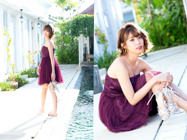 山岸奈津美   山岸奈津美 - RESORT STYLE，清纯短发甜美度假写真，泳池畔优雅紫裙与清新居家私房，尽显女神气质与迷人曲线第45张图片