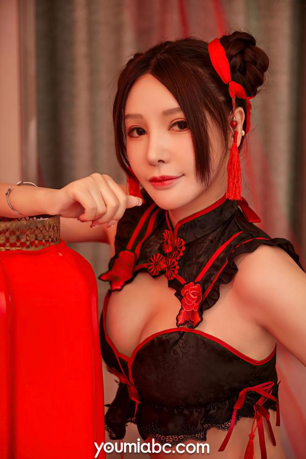李多多   YouMi尤蜜 李多多《红头绳》：中式改良内衣系列，极致性感私房诱惑，撩人红黑配色演绎东方绝色第11张图片