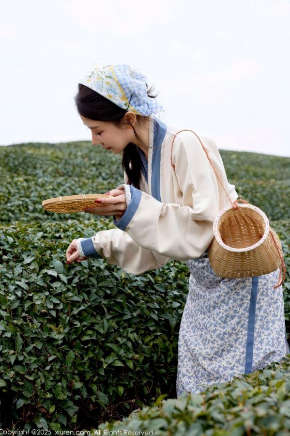 尹甜甜  秀人网XiuRen 尹甜甜 采茶女古风白衣户外大尺度写真 清新茶园极品美腿第5张图片