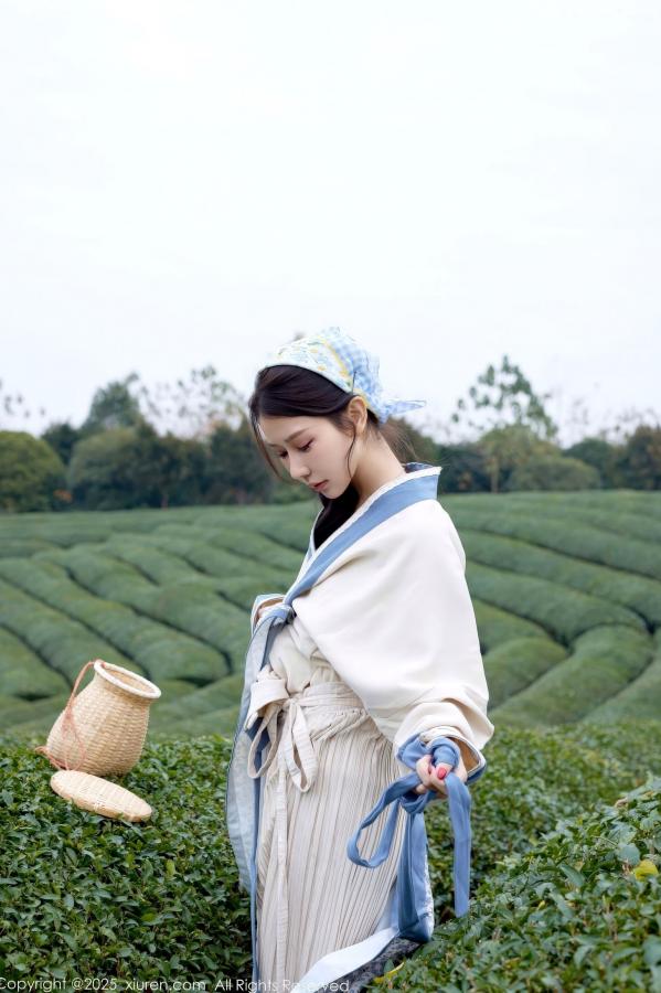 尹甜甜  秀人网XiuRen 尹甜甜 采茶女古风白衣户外大尺度写真 清新茶园极品美腿第33张图片