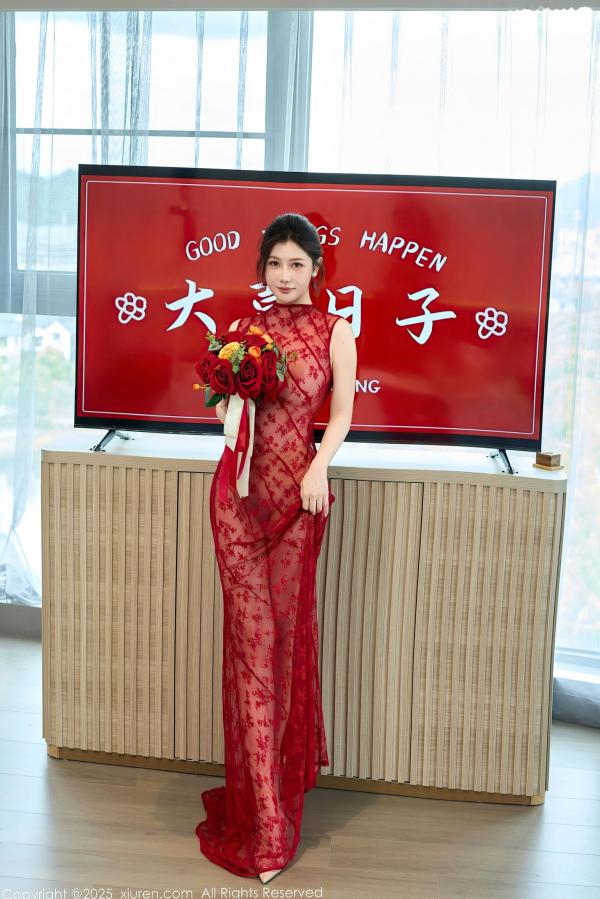 尹甜甜   秀人网XiuRen 10578 尹甜甜：红色透视蕾丝新娘装内衣私房照，喜庆婚房诱惑写真，肤白貌美身材极品，尽显御姐迷人妩媚风情第3张图片
