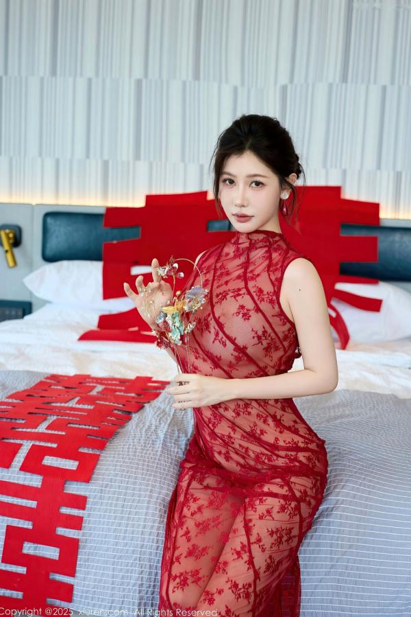 尹甜甜   秀人网XiuRen 10578 尹甜甜：红色透视蕾丝新娘装内衣私房照，喜庆婚房诱惑写真，肤白貌美身材极品，尽显御姐迷人妩媚风情第7张图片