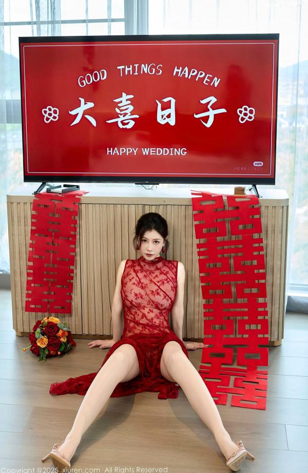 尹甜甜   秀人网XiuRen 10578 尹甜甜：红色透视蕾丝新娘装内衣私房照，喜庆婚房诱惑写真，肤白貌美身材极品，尽显御姐迷人妩媚风情第26张图片