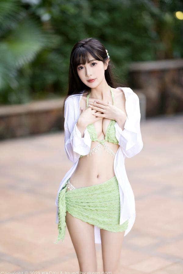 林星阑   XiaoYu语画界-1145-林星阑-金属质感透视装与绿色比基尼-室内私房诱惑写真第2张图片