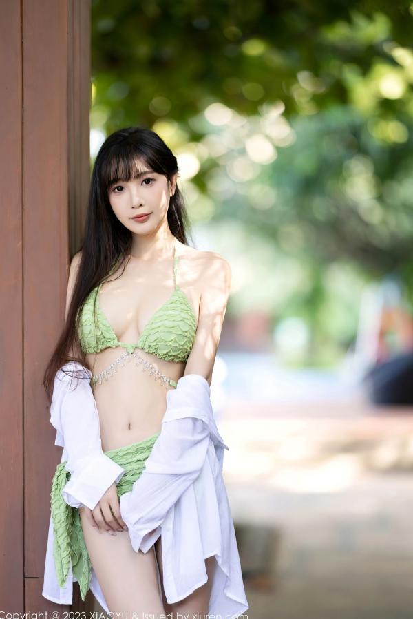 林星阑   XiaoYu语画界-1145-林星阑-金属质感透视装与绿色比基尼-室内私房诱惑写真第8张图片