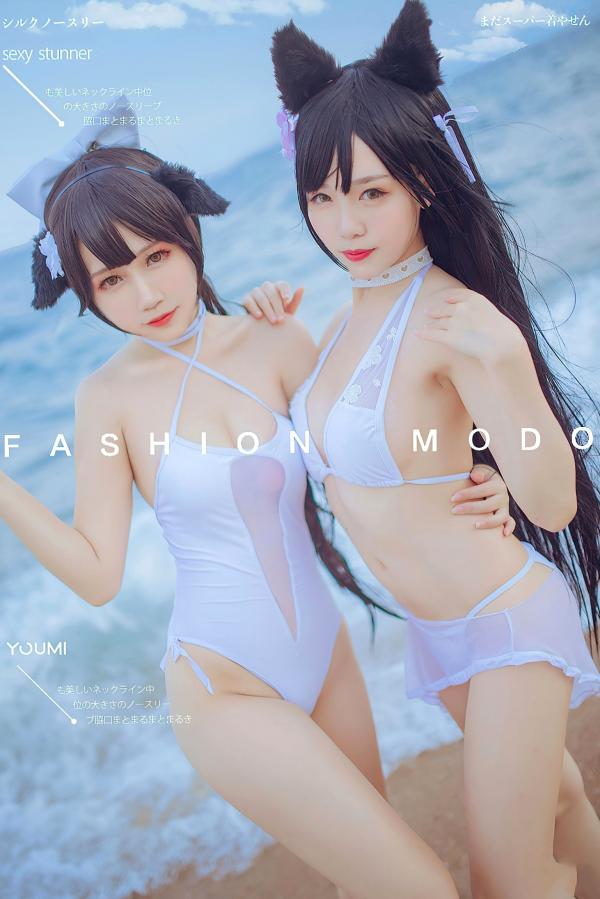 陈若依 抖娘利世  YouMi尤蜜：抖娘利世《碧蓝航线》COS泳装大尺度美图，猫耳萌妹海边礁石写真，纯白连体泳衣展现极致诱惑，清新甜美风情万种第1张图片