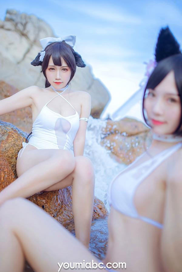 陈若依 抖娘利世  YouMi尤蜜：抖娘利世《碧蓝航线》COS泳装大尺度美图，猫耳萌妹海边礁石写真，纯白连体泳衣展现极致诱惑，清新甜美风情万种第7张图片