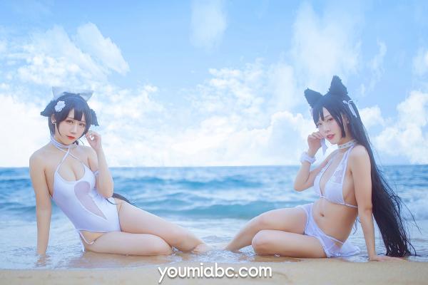 陈若依 抖娘利世  YouMi尤蜜：抖娘利世《碧蓝航线》COS泳装大尺度美图，猫耳萌妹海边礁石写真，纯白连体泳衣展现极致诱惑，清新甜美风情万种第15张图片