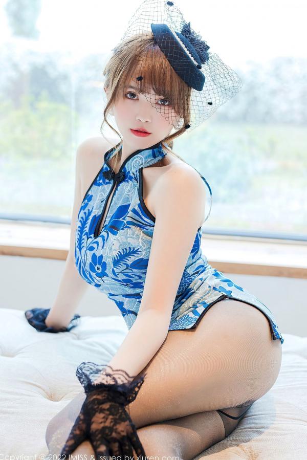 张思允   IMiss爱蜜社680期：张思允Nice古典短旗袍写真，搭配黑蕾丝内衣黑丝演绎极致性感，复古面纱装点别样魅力第20张图片