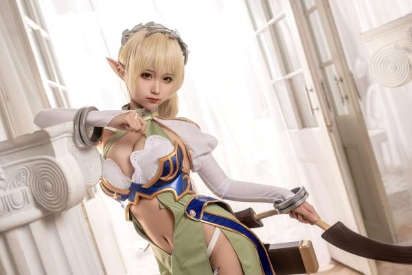 蠢沫沫   蠢沫沫-104-精灵村-第一村人-绝美cosplay奇幻精灵战袍修身性感弓箭手写真第35张图片